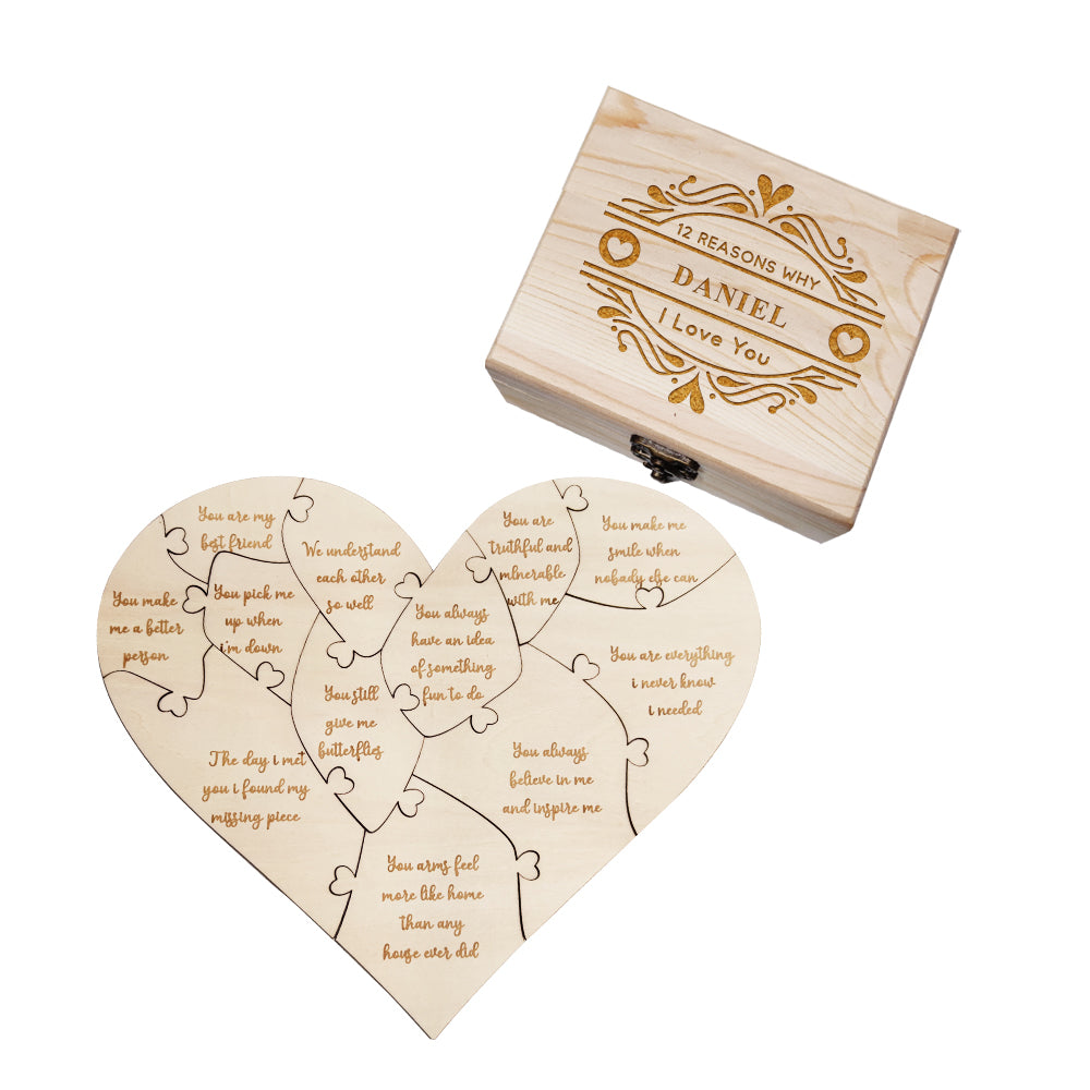Personalised Wooden Love Puzzle Box with Engraved Reasons - Unique Anniversary Gift