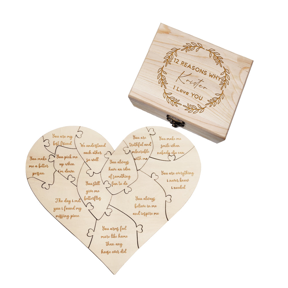 Personalised Wooden Love Puzzle Box with Engraved Reasons - Unique Anniversary Gift