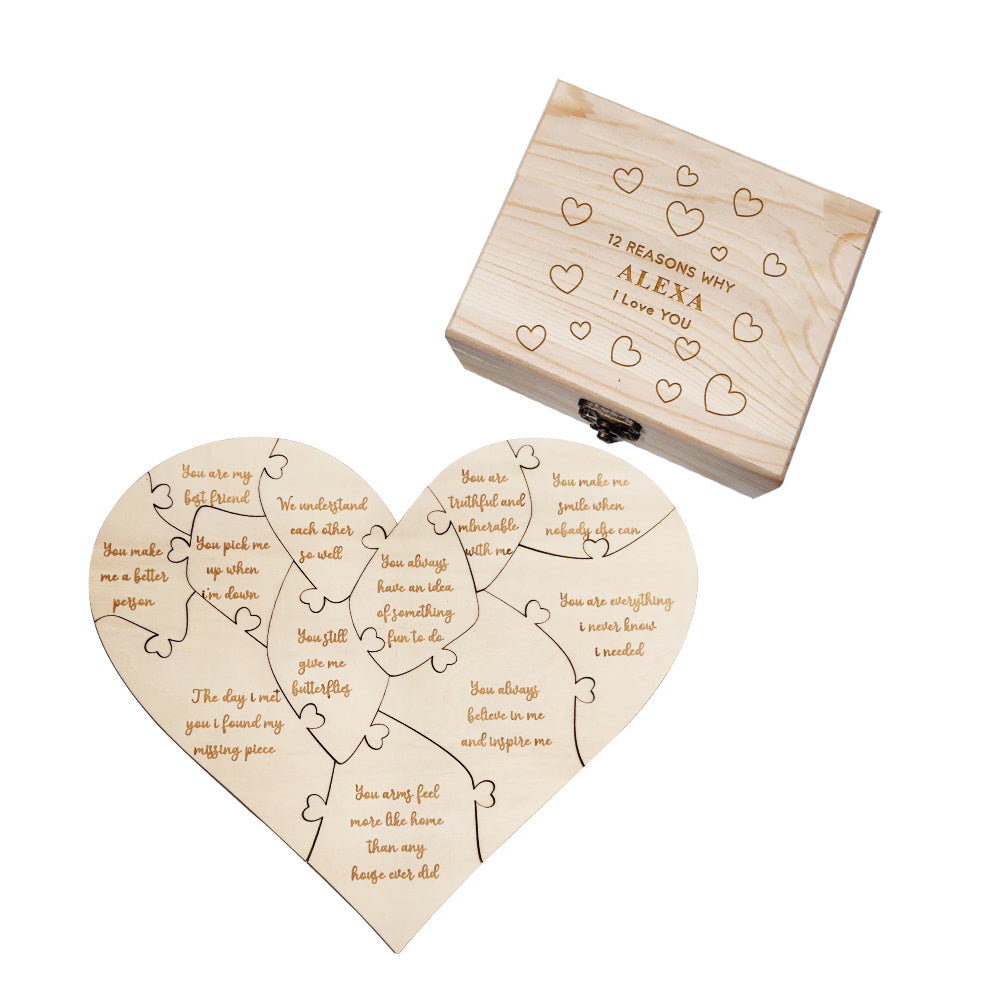Personalised Wooden Love Puzzle Box with Engraved Reasons - Unique Anniversary Gift