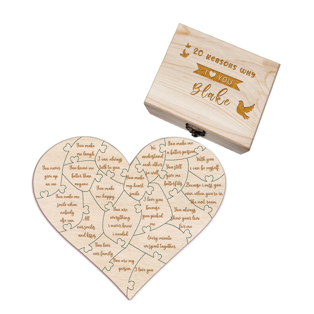 Personalised Wooden Love Puzzle Box with Engraved Reasons - Unique Anniversary Gift