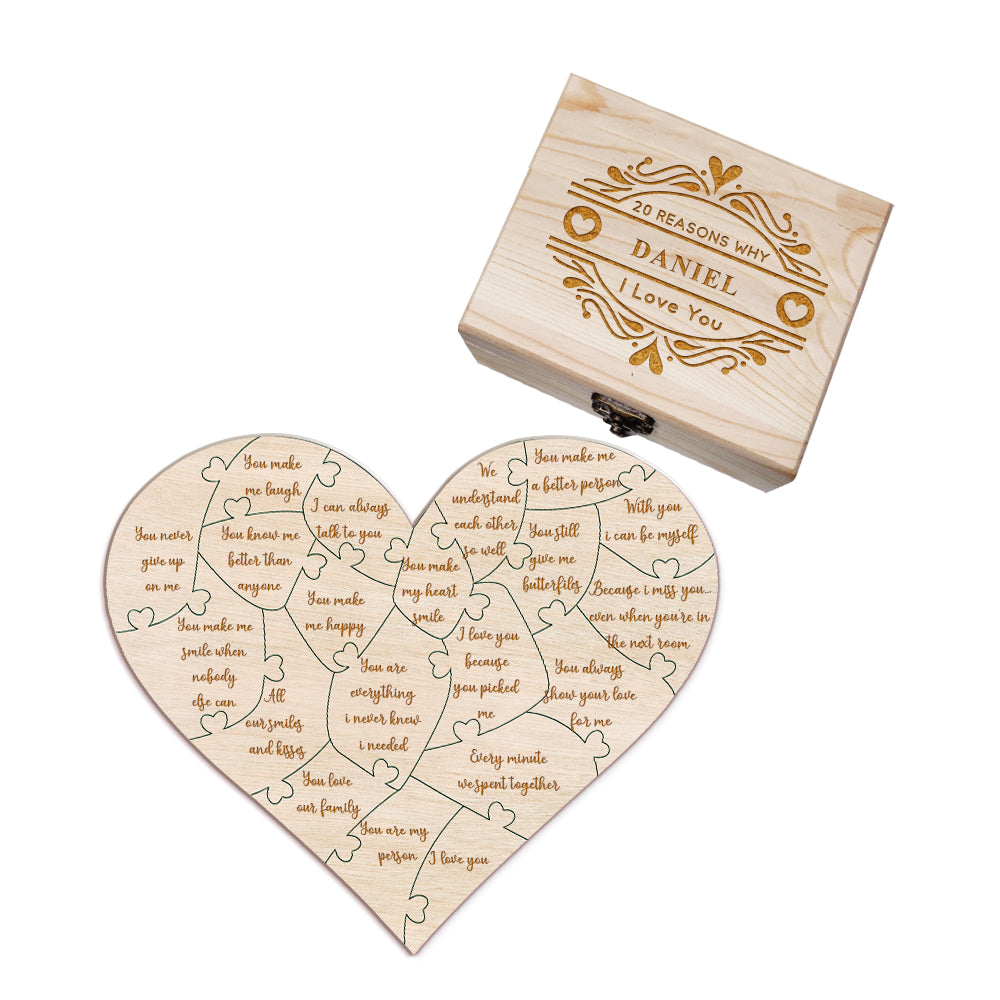 Personalised Wooden Love Puzzle Box with Engraved Reasons - Unique Anniversary Gift
