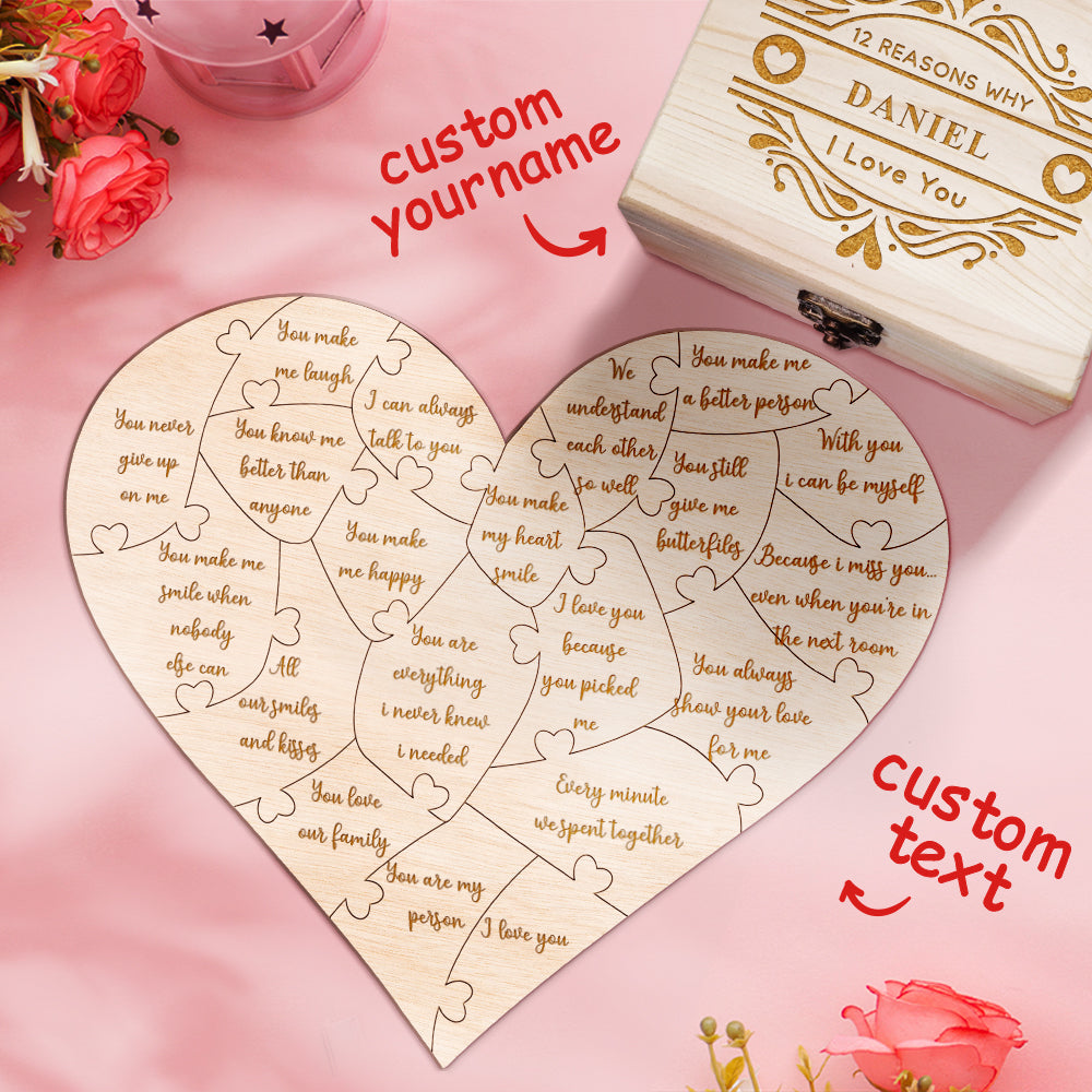 Personalised Wooden Love Puzzle Box with Engraved Reasons - Unique Anniversary Gift