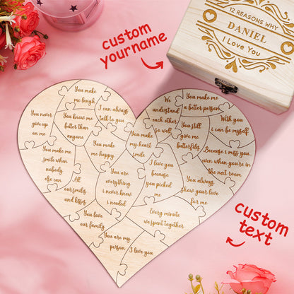 Personalised Wooden Love Puzzle Box with Engraved Reasons - Unique Anniversary Gift