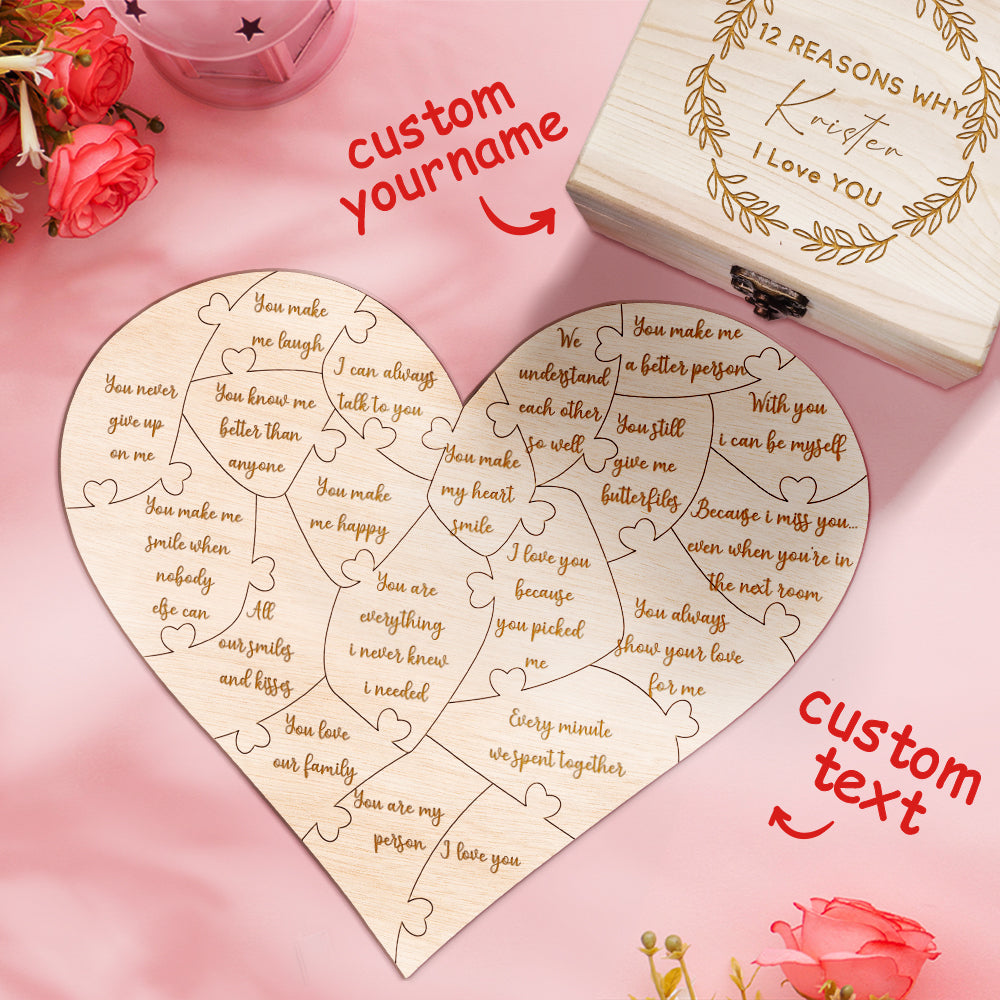 Personalised Wooden Love Puzzle Box with Engraved Reasons - Unique Anniversary Gift