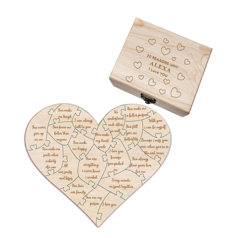 Personalised Wooden Love Puzzle Box with Engraved Reasons - Unique Anniversary Gift