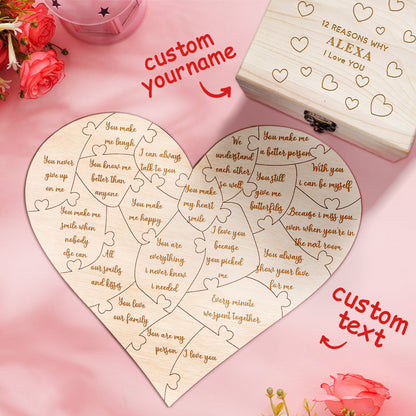 Personalised Wooden Love Puzzle Box with Engraved Reasons - Unique Anniversary Gift