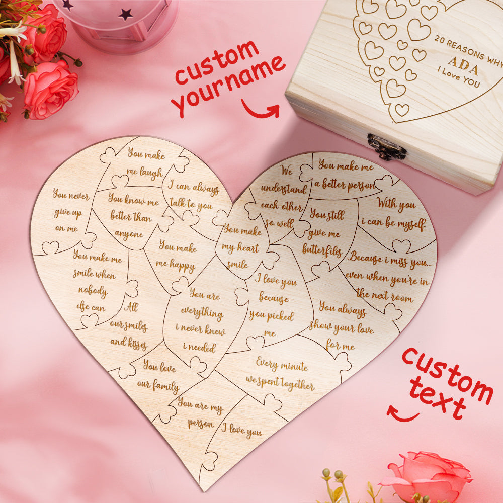 Personalised Wooden Love Puzzle Box with Engraved Reasons - Unique Anniversary Gift