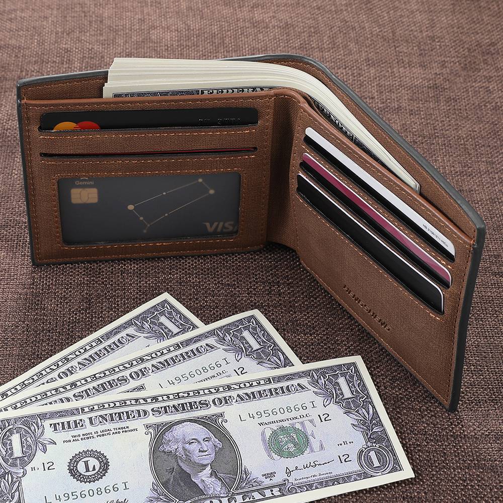 Practical bifold wallet interior with cash and cards in place, functional personalised wallet for everyday organisation