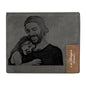 Hand holding a personalised grey bifold wallet with custom photo, thoughtful Father's Day gift or memorial gift