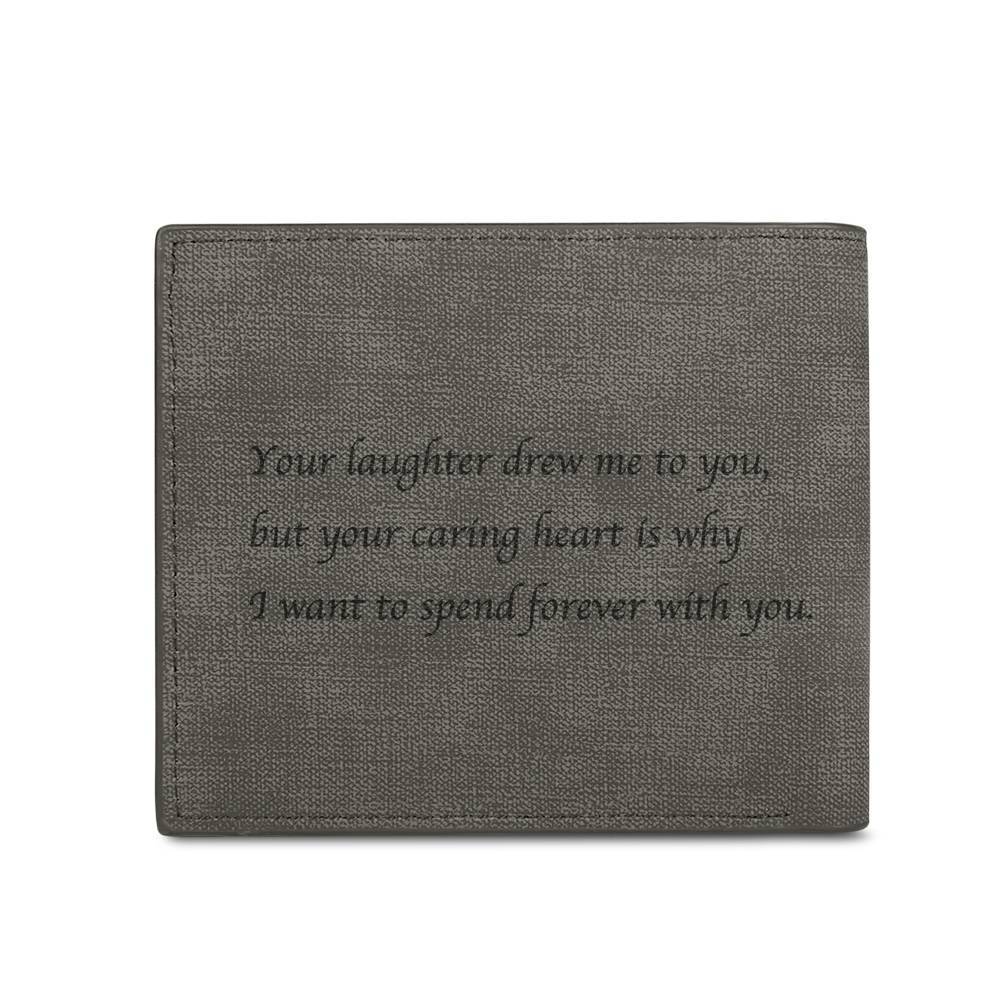 Side profile of personalised grey bifold wallet showing slim design for comfortable carry as a men's bifold wallet