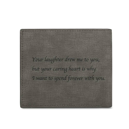 Side profile of personalised grey bifold wallet showing slim design for comfortable carry as a men's bifold wallet
