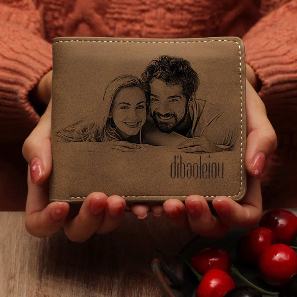 Open grey bifold wallet displaying card slots and personalised photo exterior, practical personalised photo gift for everyday use