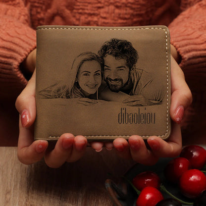 Open grey bifold wallet displaying card slots and personalised photo exterior, practical personalised photo gift for everyday use