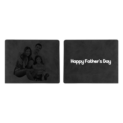 Open personalised photo wallet showing custom photo, multiple card slots and ID window in PU leather — custom text men's wallet gift for husband or grandpa