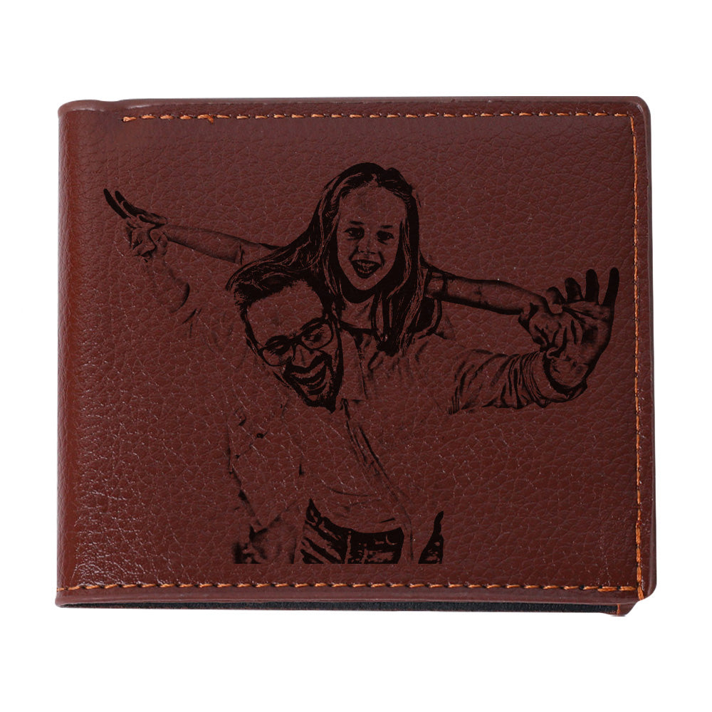 Open view of personalised photo wallet showing four card slots, clear ID window and two cash compartments — custom leather gift for dad