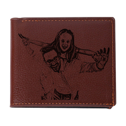 Open view of personalised photo wallet showing four card slots, clear ID window and two cash compartments — custom leather gift for dad