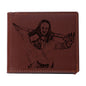 Open view of personalised photo wallet showing four card slots, clear ID window and two cash compartments — custom leather gift for dad