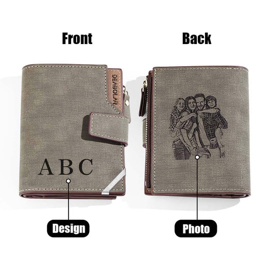 Personalised men's foldable PU leather wallet with custom photo and text — ideal Father's Day gift
