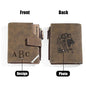 Close-up view of engraved text on PU leather personalised photo wallet — add name or message