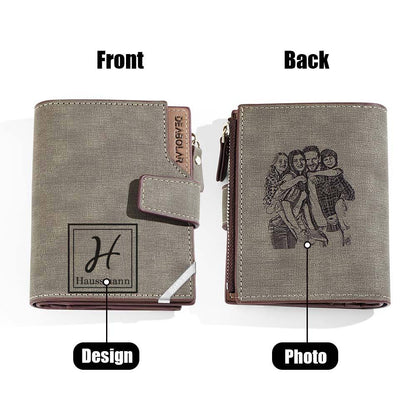PU leather texture and edge stitching on personalised foldable wallet — high-quality custom photo wallet