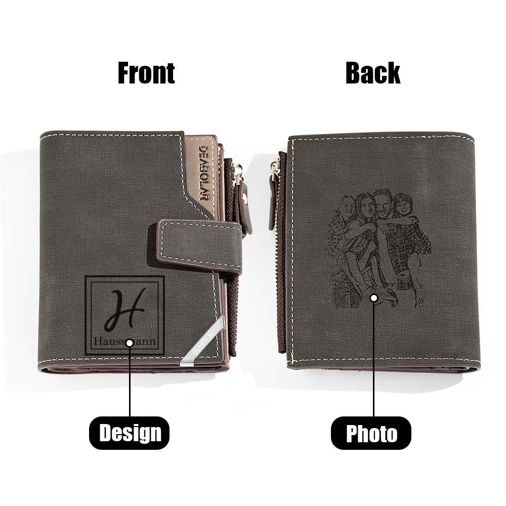 Lifestyle image of personalised men's wallet in pocket — everyday foldable leather wallet with custom photo