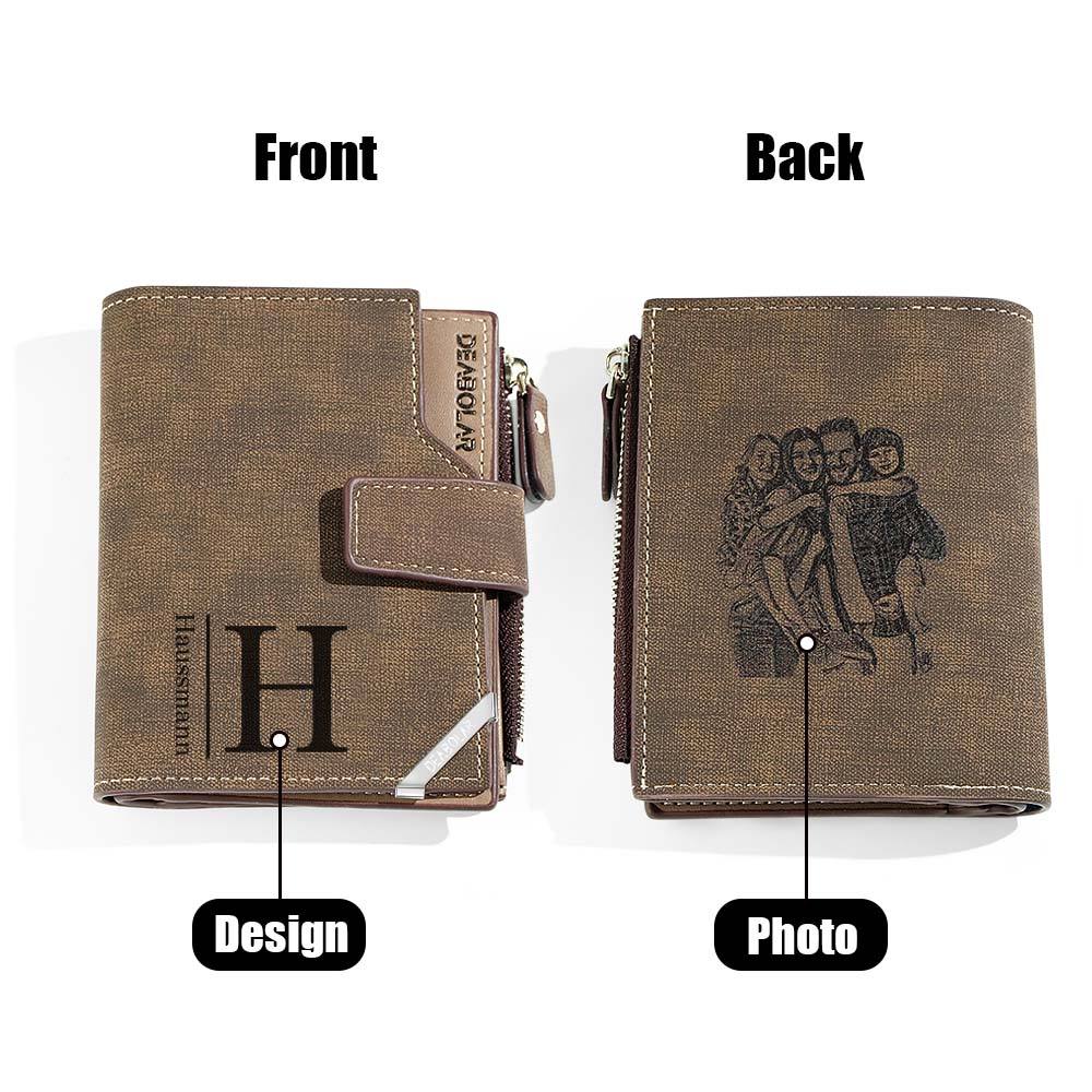 High-resolution photo print example on PU leather personalised wallet — vibrant custom photo wallet