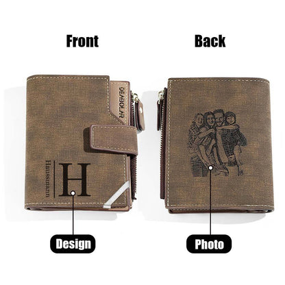 High-resolution photo print example on PU leather personalised wallet — vibrant custom photo wallet