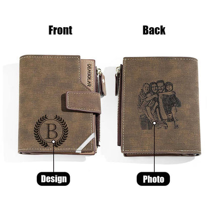 Personalised wallet beside personal items — custom photo wallet perfect as a groomsmen favour or keepsake
