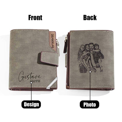 Close-up of corner and stitching on personalised PU leather wallet — durable personalised photo wallet