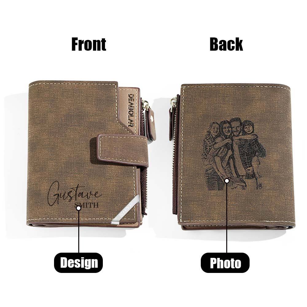 Lifestyle shot of personalised photo wallet in use — compact foldable leather wallet for everyday carry