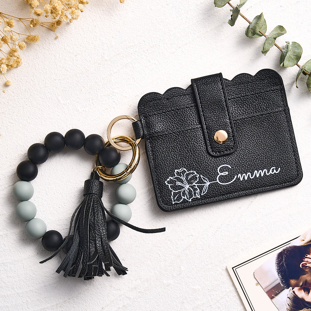 Styled gift presentation of personalised floral card wallet with beaded bracelet, ideal for birthdays, anniversaries or Mother's Day