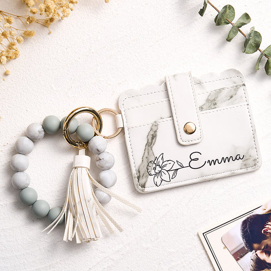 Personalised birth flower PU leather wallet with detachable beaded bracelet – compact floral card wallet for her