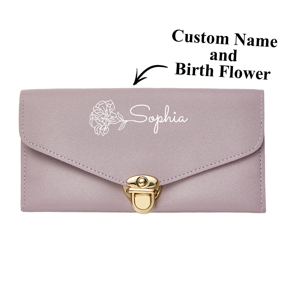 Personalised Birth Flower PU Leather Wallet with Name - Custom Birthday Gift for Her