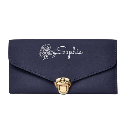 Personalised Birth Flower PU Leather Wallet with Name - Custom Birthday Gift for Her