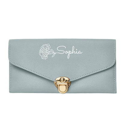 Personalised Birth Flower PU Leather Wallet with Name - Custom Birthday Gift for Her