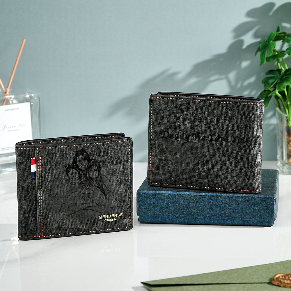 Personalised photo PU leather men's foldable wallet with custom text on the front — compact birthday and wedding gift for him