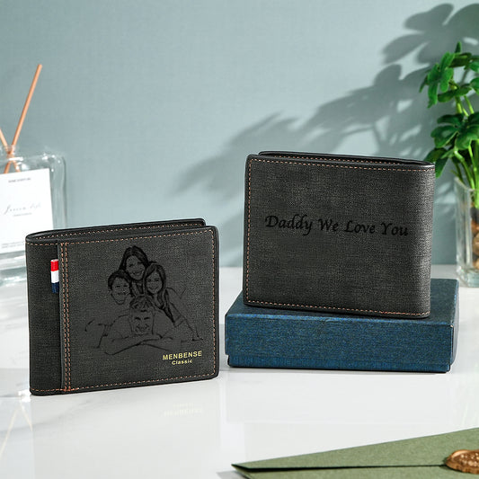 Personalised photo PU leather men's foldable wallet with custom text on the front — compact birthday and wedding gift for him