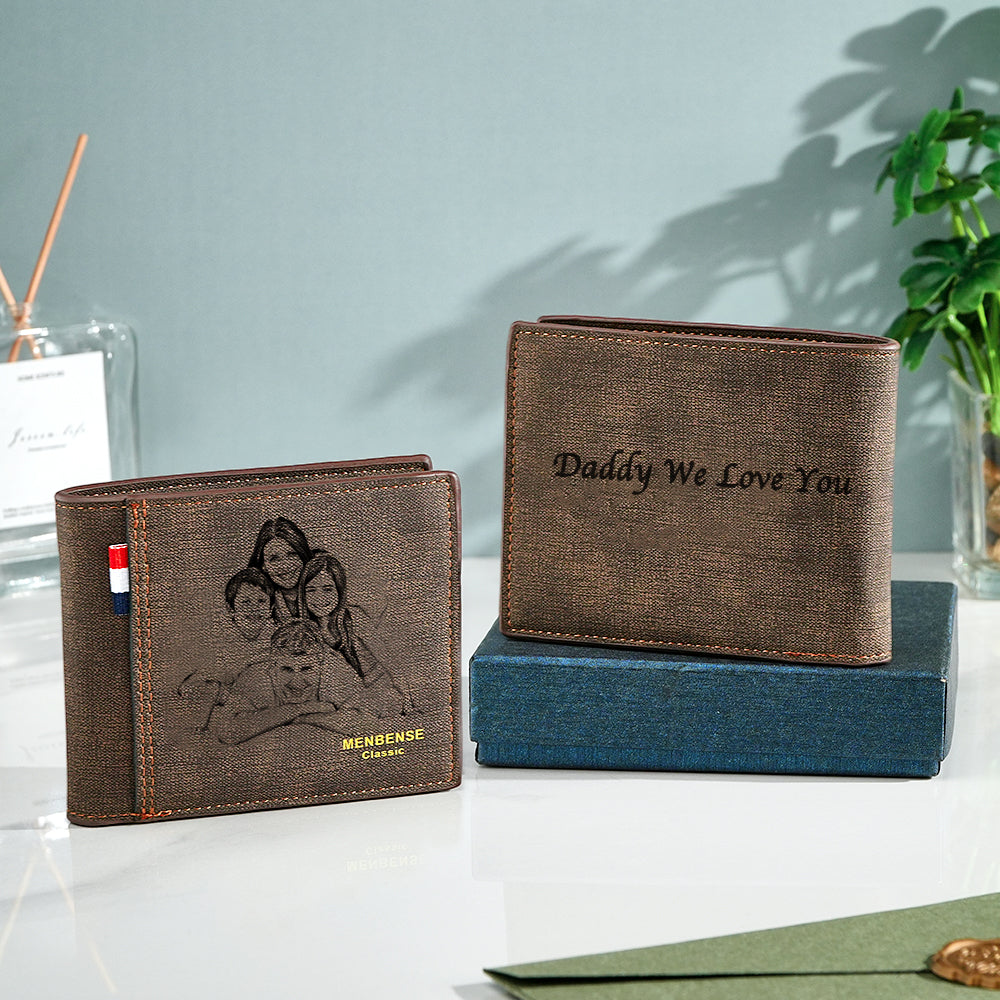 Detailed shot of custom text printing on PU leather wallet showing clear engraving style — wedding and anniversary personalised gift
