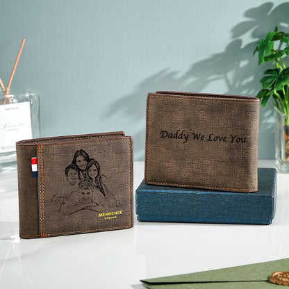 Detailed shot of custom text printing on PU leather wallet showing clear engraving style — wedding and anniversary personalised gift