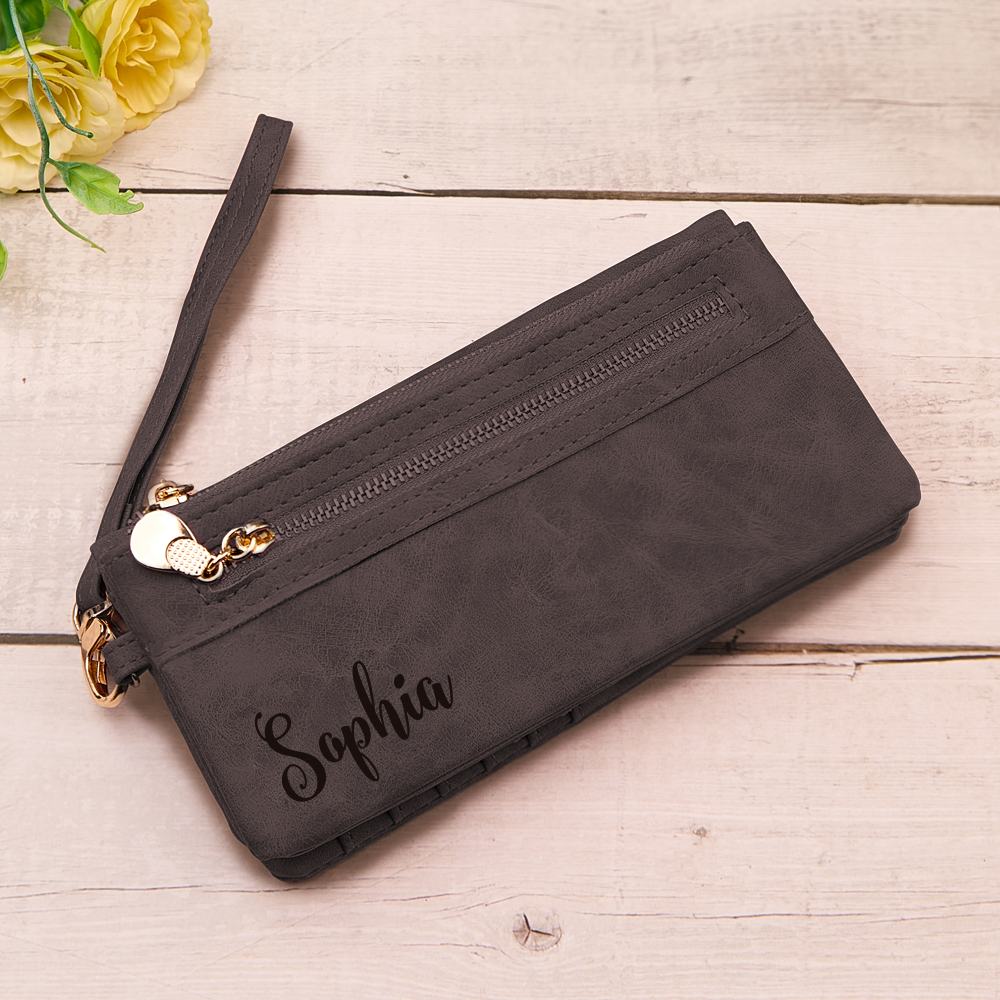 Personalised Leather Wallet with Wristlet - Custom Text Engraved Gift for Women
