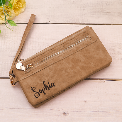 Personalised Leather Wallet with Wristlet - Custom Text Engraved Gift for Women