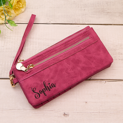Personalised Leather Wallet with Wristlet - Custom Text Engraved Gift for Women