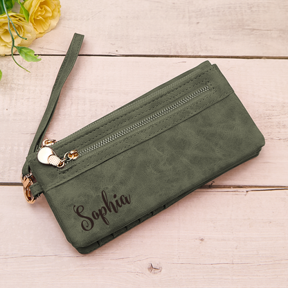 Personalised Leather Wallet with Wristlet - Custom Text Engraved Gift for Women