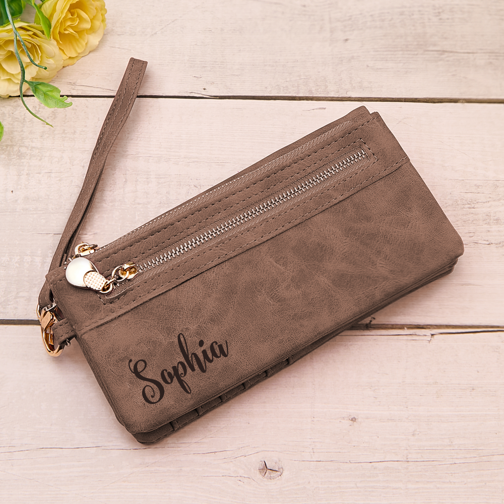 Personalised Leather Wallet with Wristlet - Custom Text Engraved Gift for Women