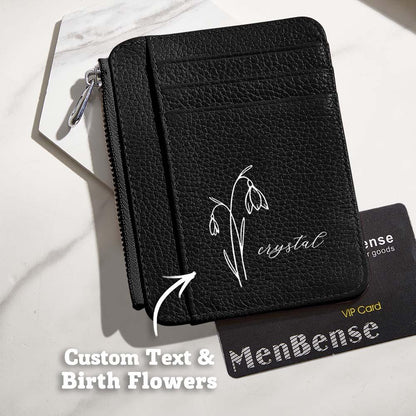 Compact personalised PU leather wallet shown in hand to illustrate 3.9×3.1 inch pocket-friendly size — ideal gift for mum