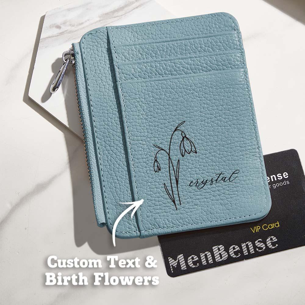 Gift-ready personalised birth flower wallet presented in elegant packaging — perfect personalised name gift for her