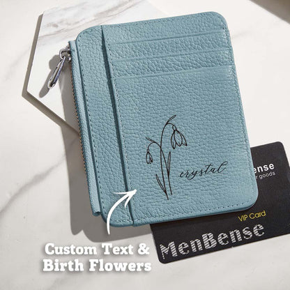 Gift-ready personalised birth flower wallet presented in elegant packaging — perfect personalised name gift for her
