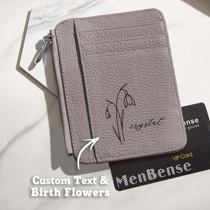 Lifestyle shot of personalised birth flower PU leather wallet inside a handbag — stylish compact personalised gift for her