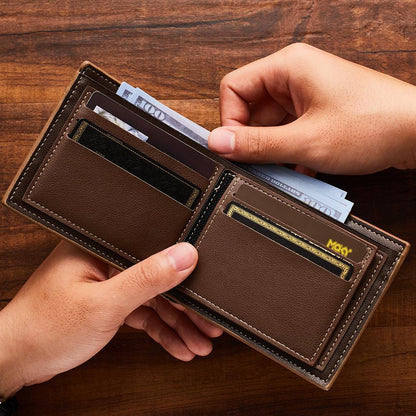 Personalised engraved wallet open with sample cards inserted to show capacity — ideal memorial or anniversary keepsake