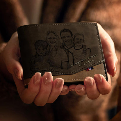 Angled close-up of personalised leather wallet showing engraved photo and fine edge stitching for a premium finish